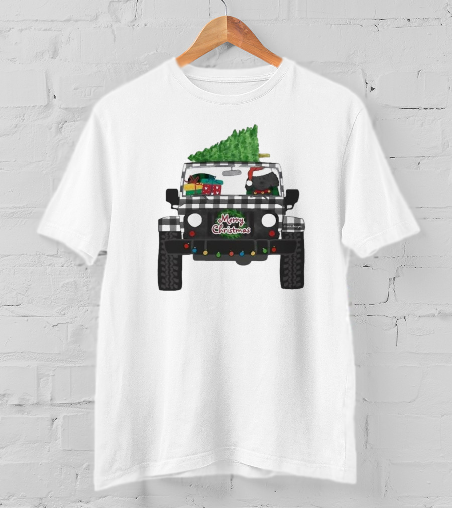 Merry Christmas Black Buffalo Plaid Jeep With Cartoon Labradoodle And Tree T-Shirt