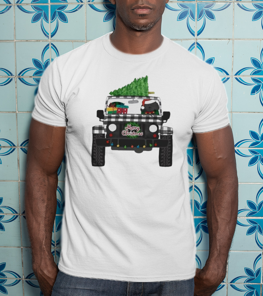 Merry Christmas Black Buffalo Plaid Jeep With Cartoon Labradoodle And Tree T-Shirt