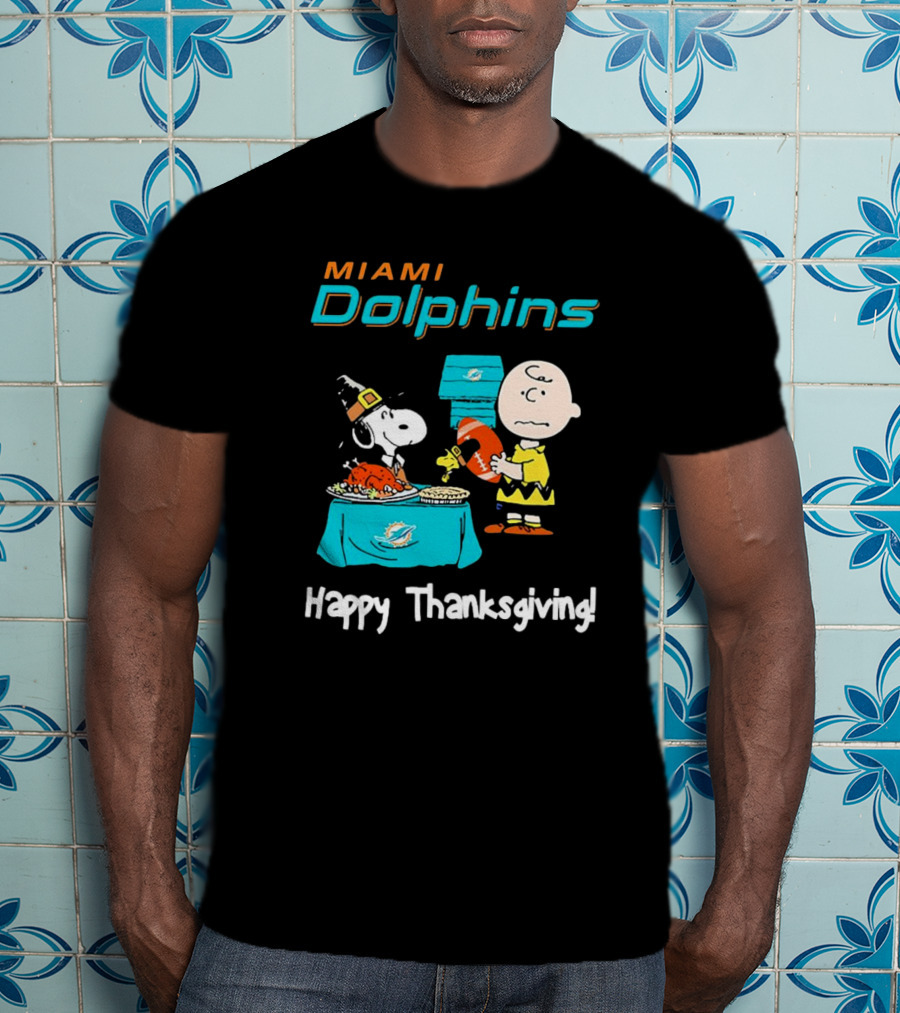 Miami Dolphins Peanuts NFL Football Happy Thanksgiving T-Shirt