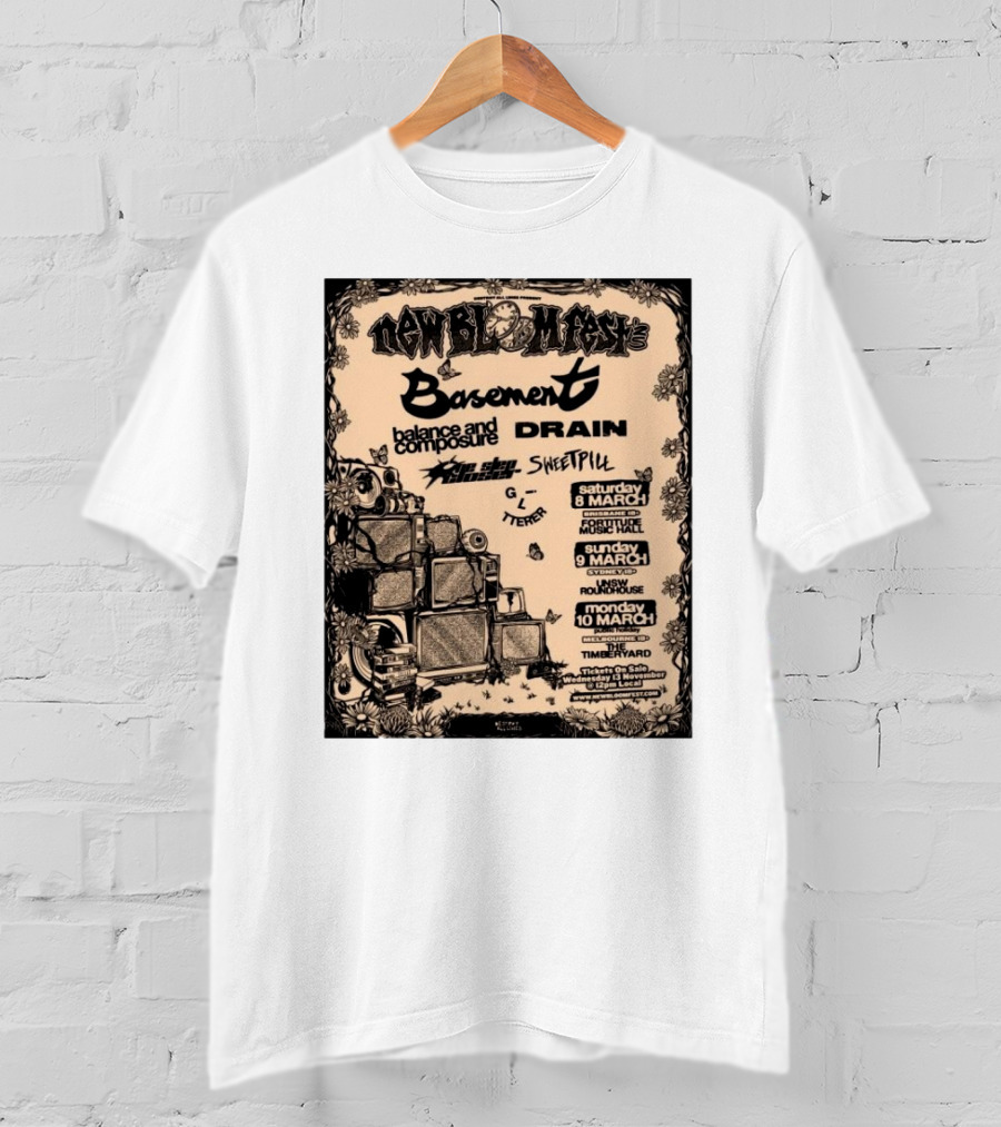 New Bloom Fest 2025 Basement Balance And Composure Drain Turnover Live Concert March 8-10 T-Shirt