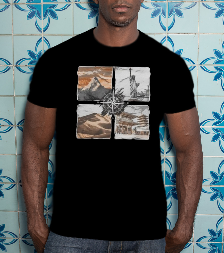 Dads Being Dudes Live Your Life Vintage Mountain Dunes Statue Of Liberty Pagoda Compass T-Shirt
