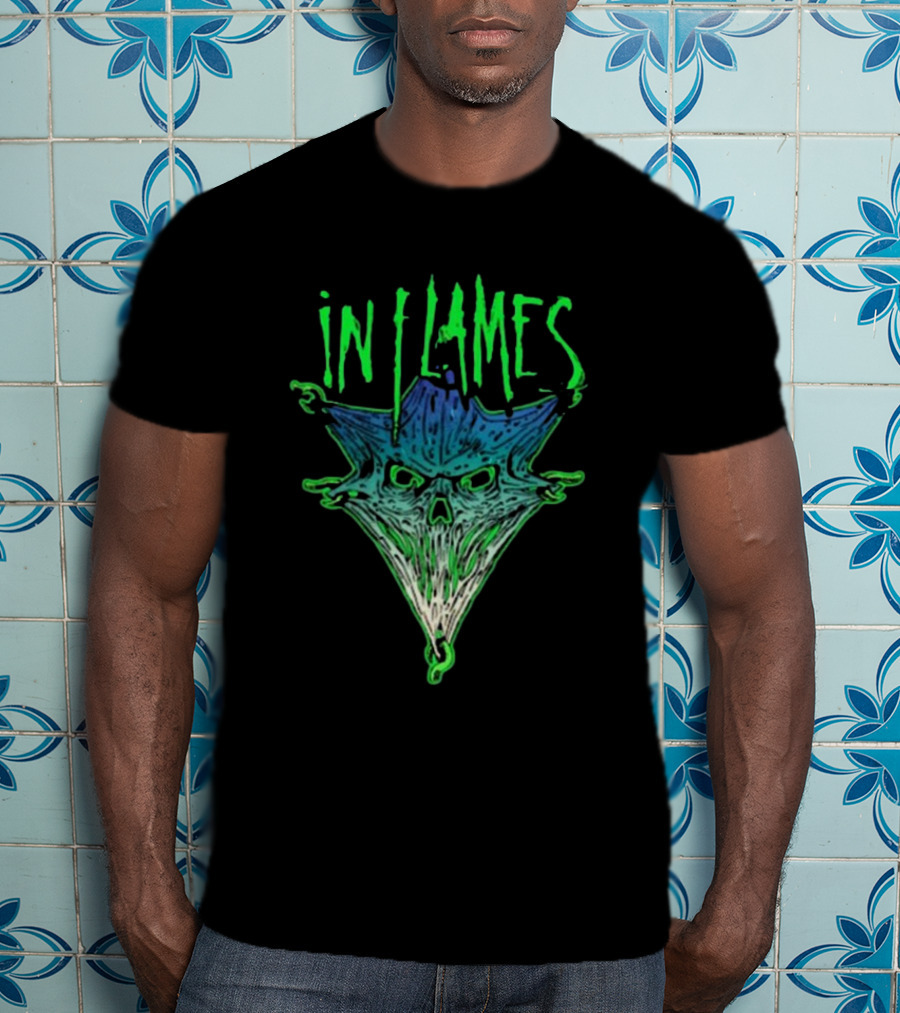 In Flames Pierced Jester Skull Face T-Shirt