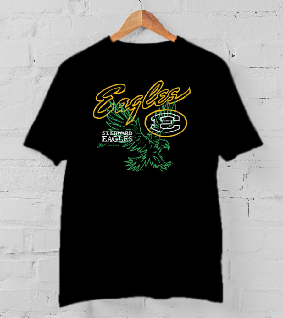 St. Edward Eagles Basketball Yellow Outline And Green Eagle Emblem T-Shirt