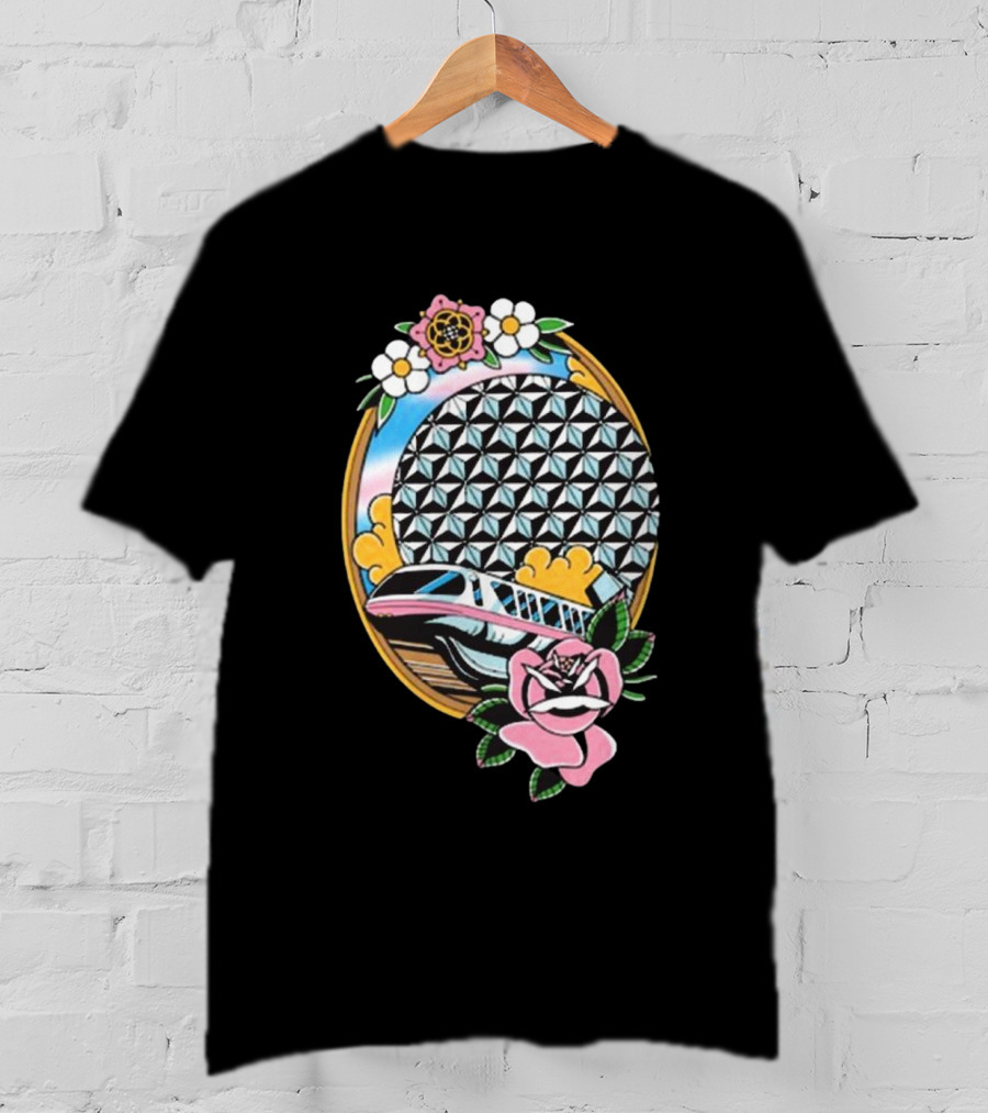 The Lost Bros Monorail Spaceship Earth Tattoo Style Floral T-Shirt
