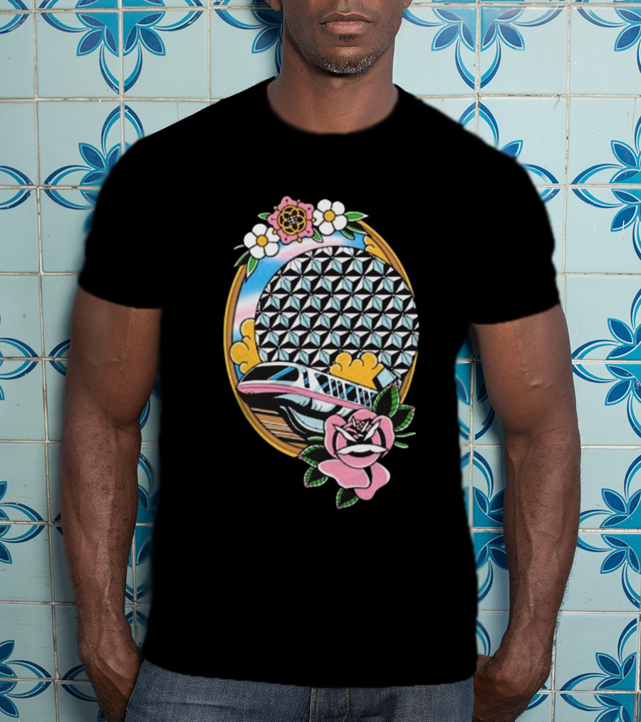 The Lost Bros Monorail Spaceship Earth Tattoo Style Floral T-Shirt