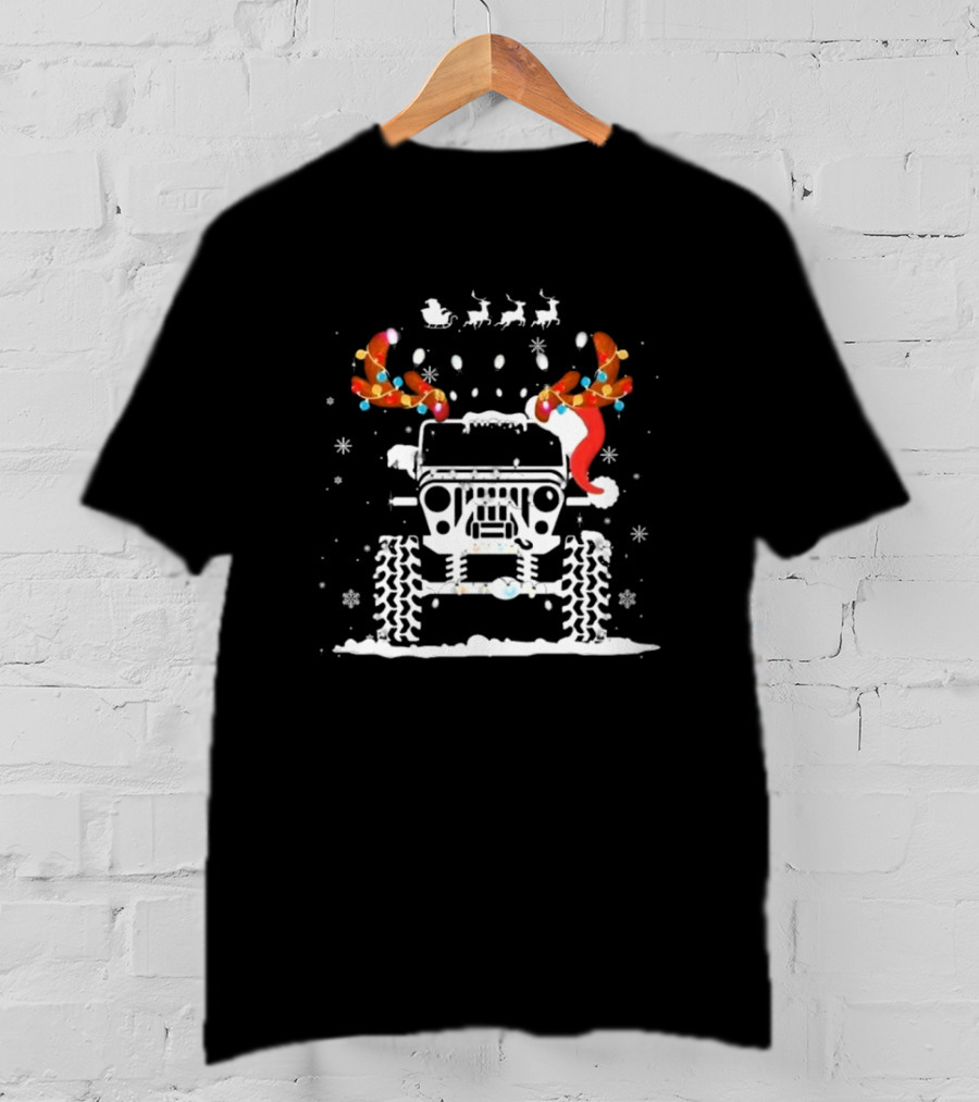 Jeep Reindeer Antlers Santa Sleigh Christmas Lights T-Shirt