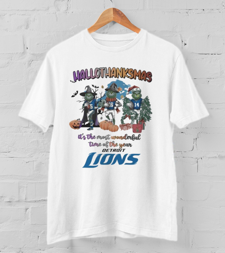 Detroit Lions Hallothanksmas Grinch It's The Most Wonderful Time Of The Year T-Shirt