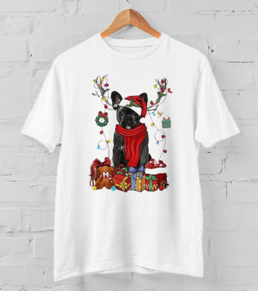 French Bulldog Reindeer Christmas Lights Merry Christmas Wreath Gifts T-Shirt