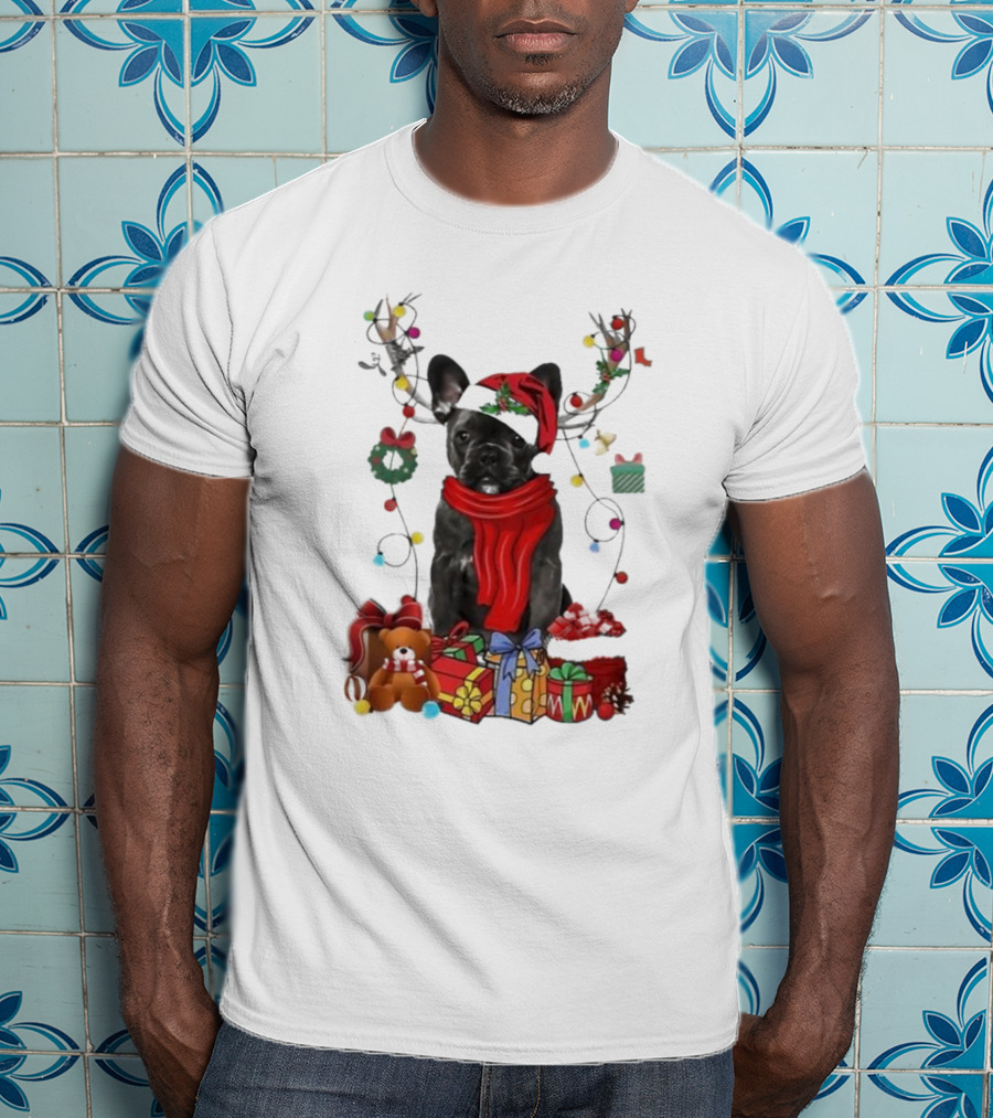 French Bulldog Reindeer Christmas Lights Merry Christmas Wreath Gifts T-Shirt