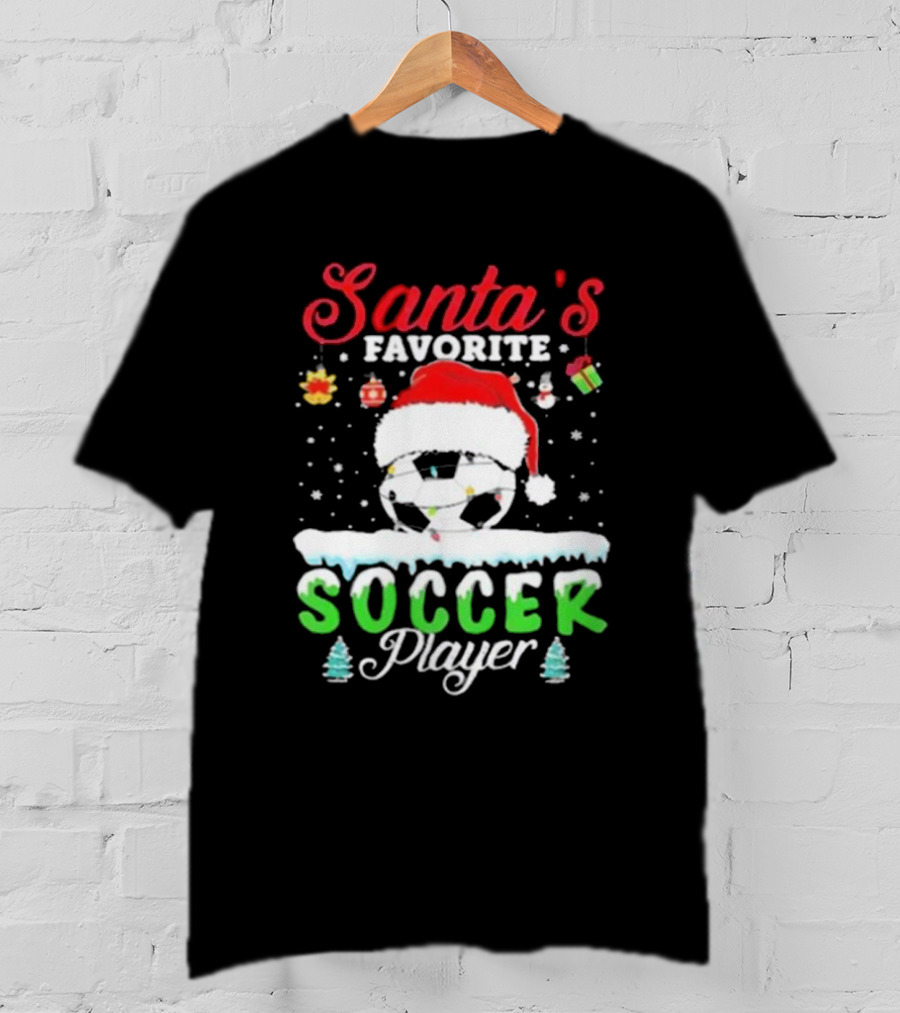 Santa's Favorite Soccer Player Christmas Football Soccer Ball Santa Hat Snowflakes T-Shirt