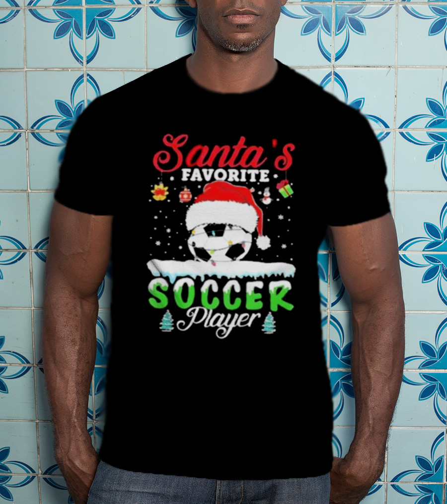 Santa's Favorite Soccer Player Christmas Football Soccer Ball Santa Hat Snowflakes T-Shirt