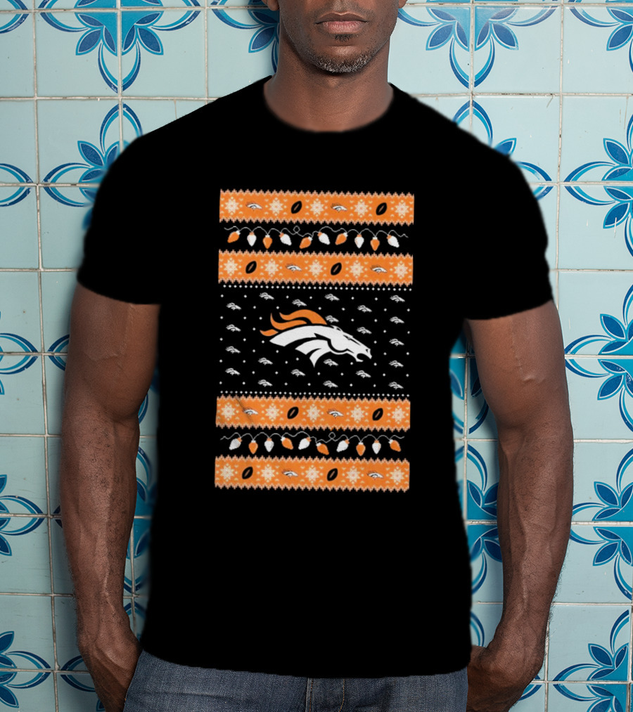 Denver Broncos NFL Ugly Sweater Holiday Lights Christmas T-Shirt