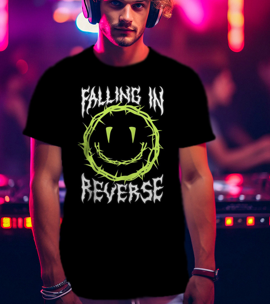 Falling In Reverse Smiley Face With Green Thorn Outline T-Shirt