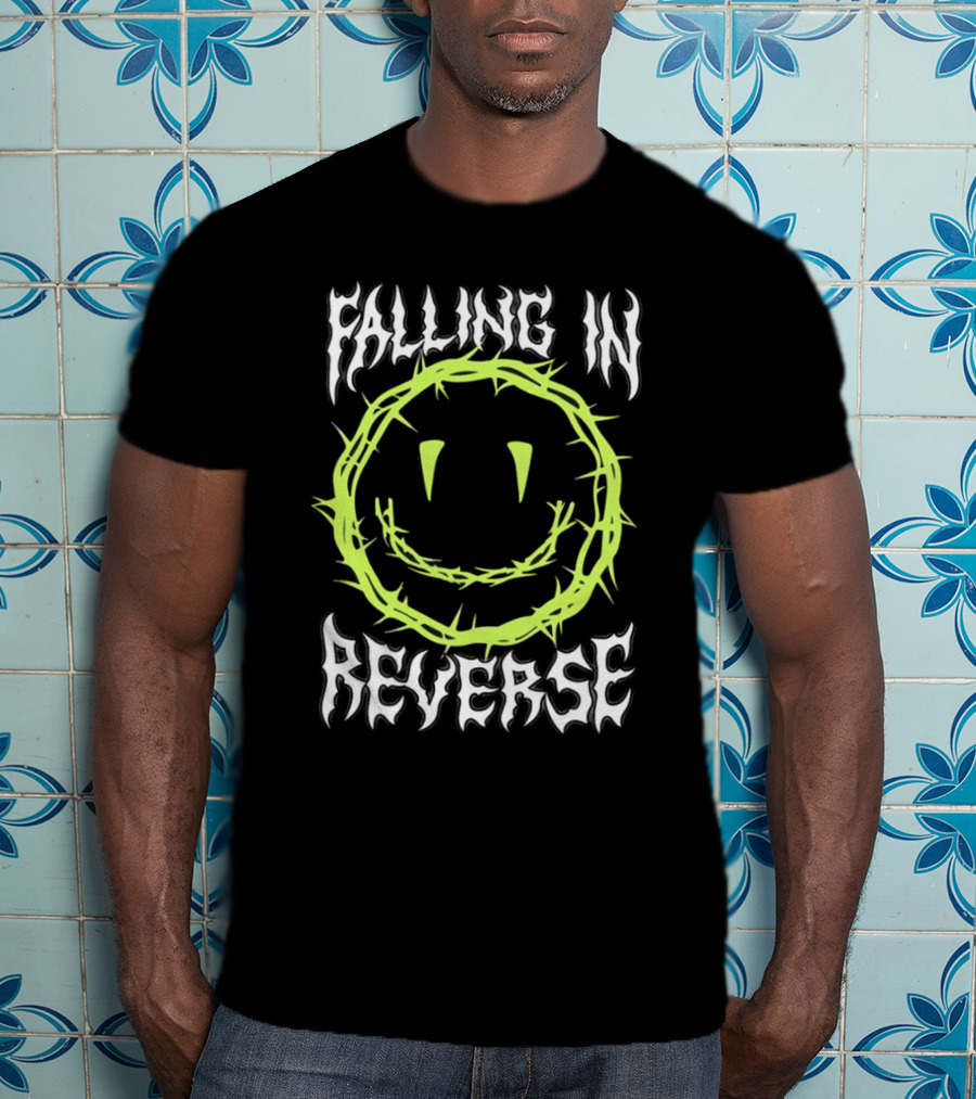 Falling In Reverse Smiley Face With Green Thorn Outline T-Shirt
