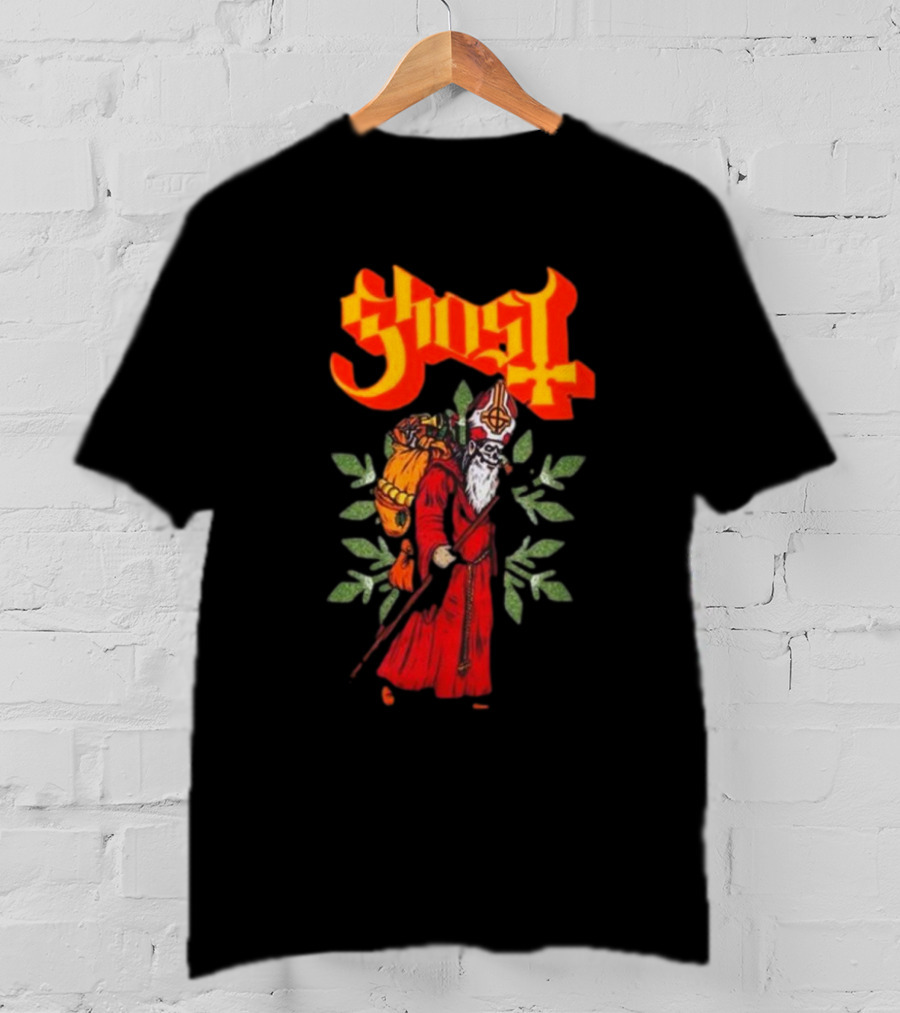Ghost Papa Noel Glitter Leaf Santa Clausal Graphic Red Robe Relaxed Fit Girls T-Shirt