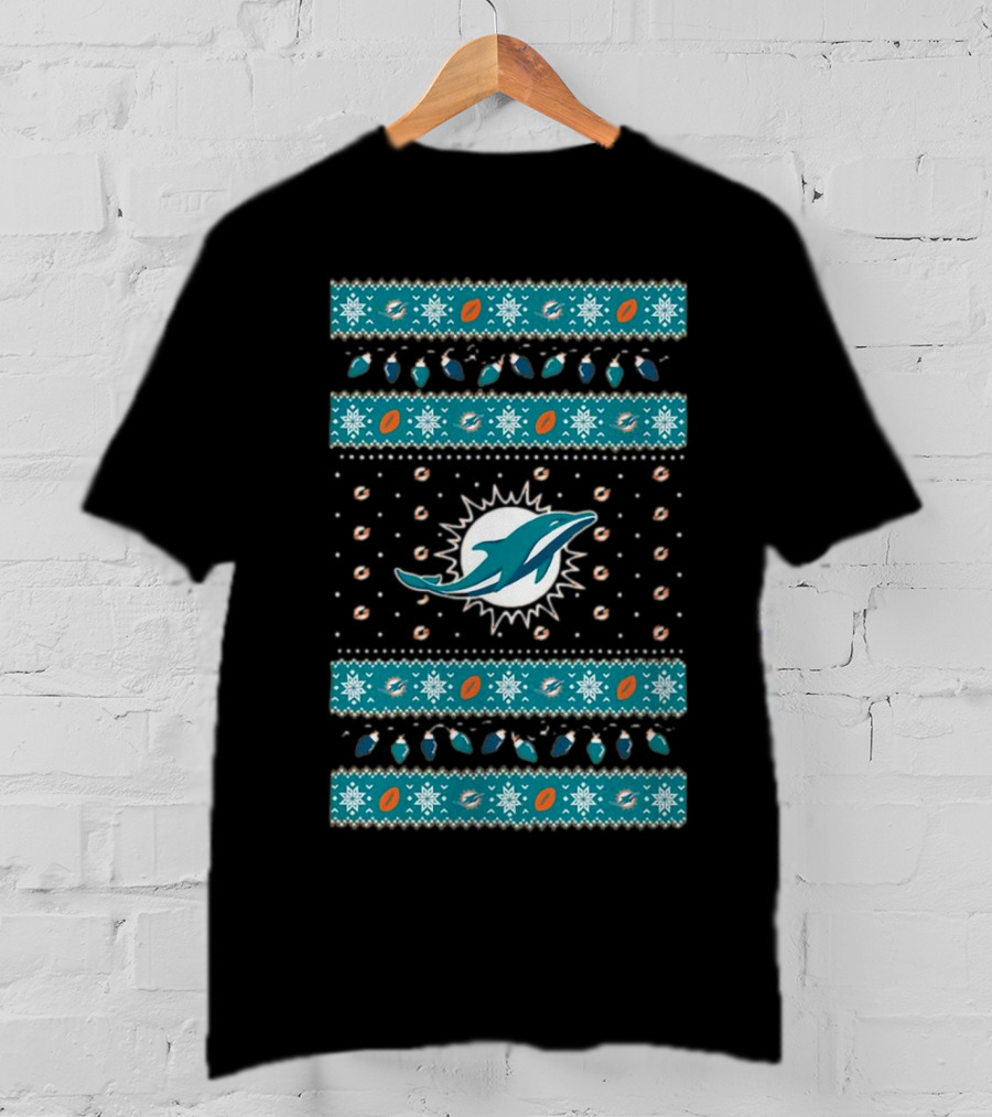 Miami Dolphins NFL Holiday Lights Ugly Sweater Christmas Football T-Shirt