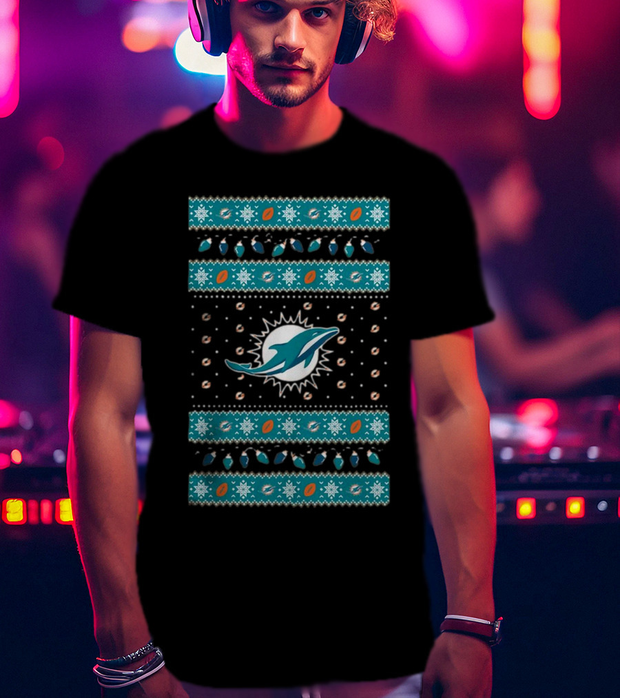 Miami Dolphins NFL Holiday Lights Ugly Sweater Christmas Football T-Shirt