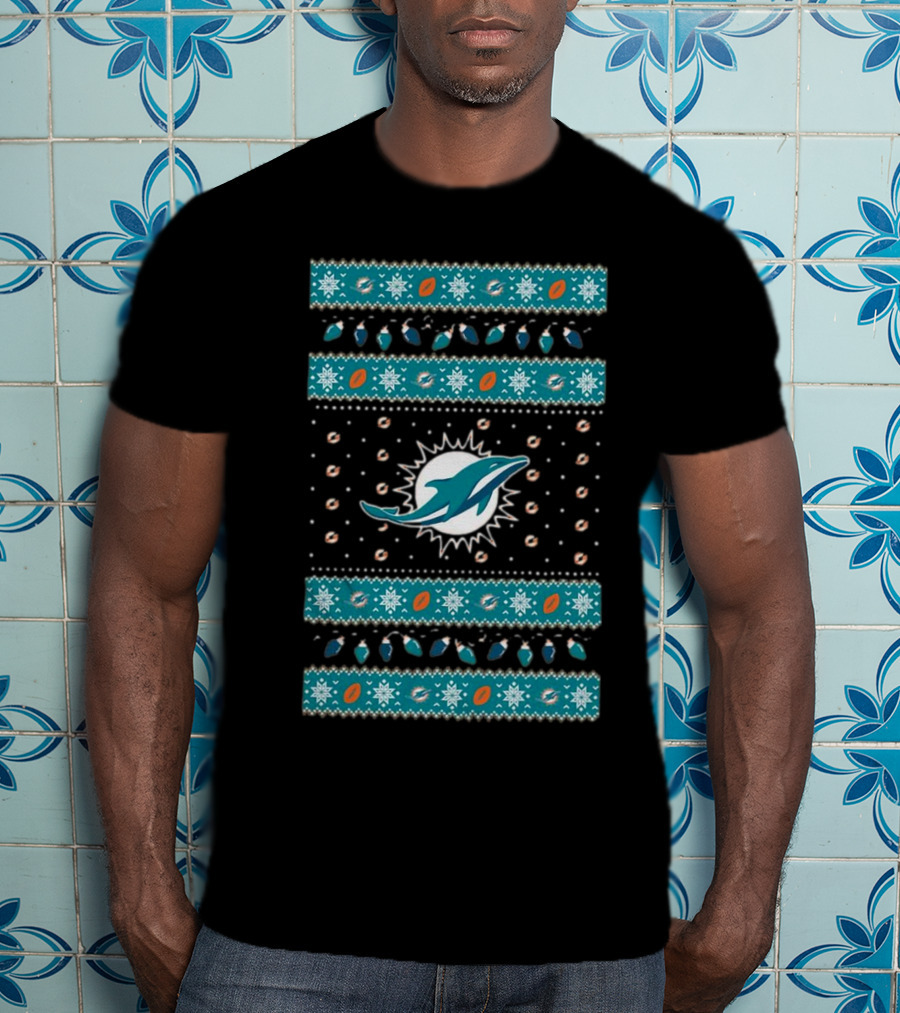 Miami Dolphins NFL Holiday Lights Ugly Sweater Christmas Football T-Shirt