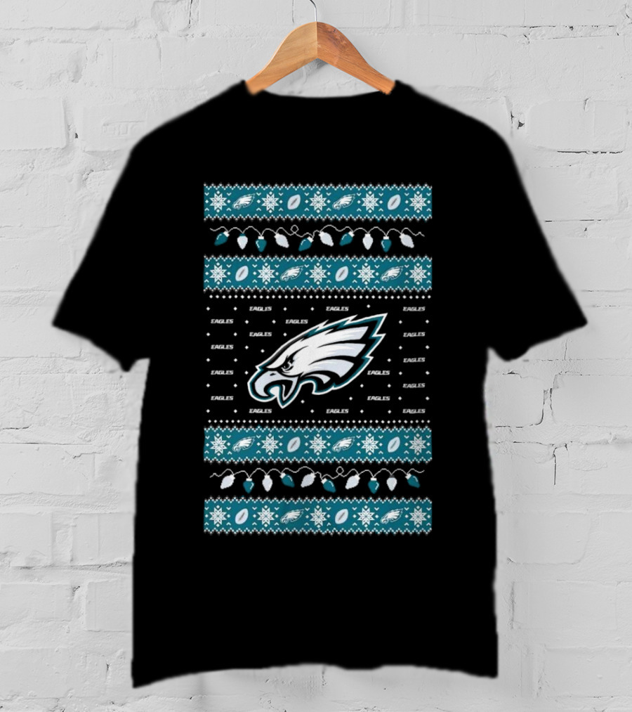Philadelphia Eagles NFL Holiday Lights Ugly Sweater Christmas Eagles Logo Pattern T-Shirt