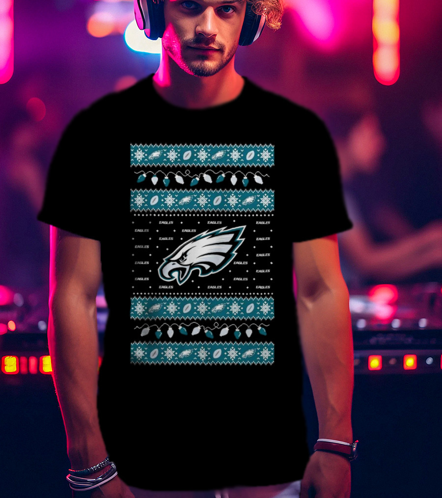 Philadelphia Eagles NFL Holiday Lights Ugly Sweater Christmas Eagles Logo Pattern T-Shirt