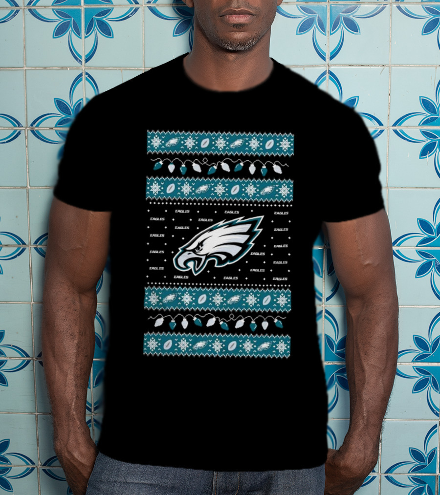 Philadelphia Eagles NFL Holiday Lights Ugly Sweater Christmas Eagles Logo Pattern T-Shirt