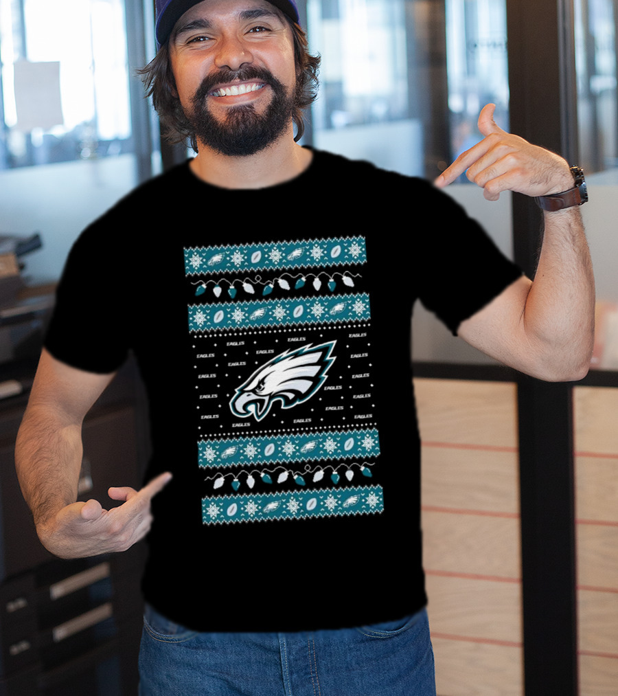 Philadelphia Eagles NFL Holiday Lights Ugly Sweater Christmas Eagles Logo Pattern T-Shirt