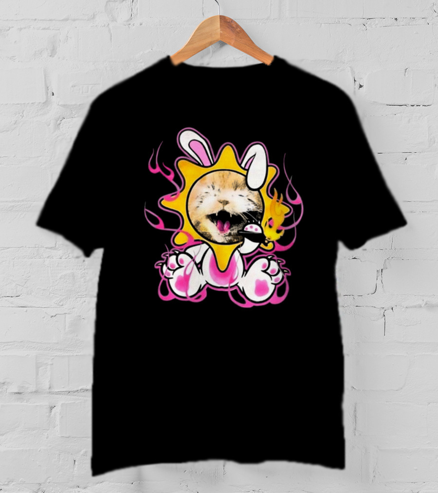 Praiseche Cat Sunburst Bunny Ears Pink Flames T-Shirt