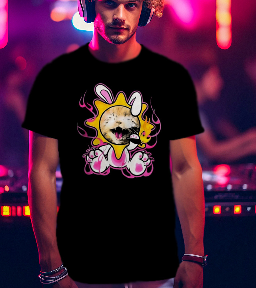 Praiseche Cat Sunburst Bunny Ears Pink Flames T-Shirt