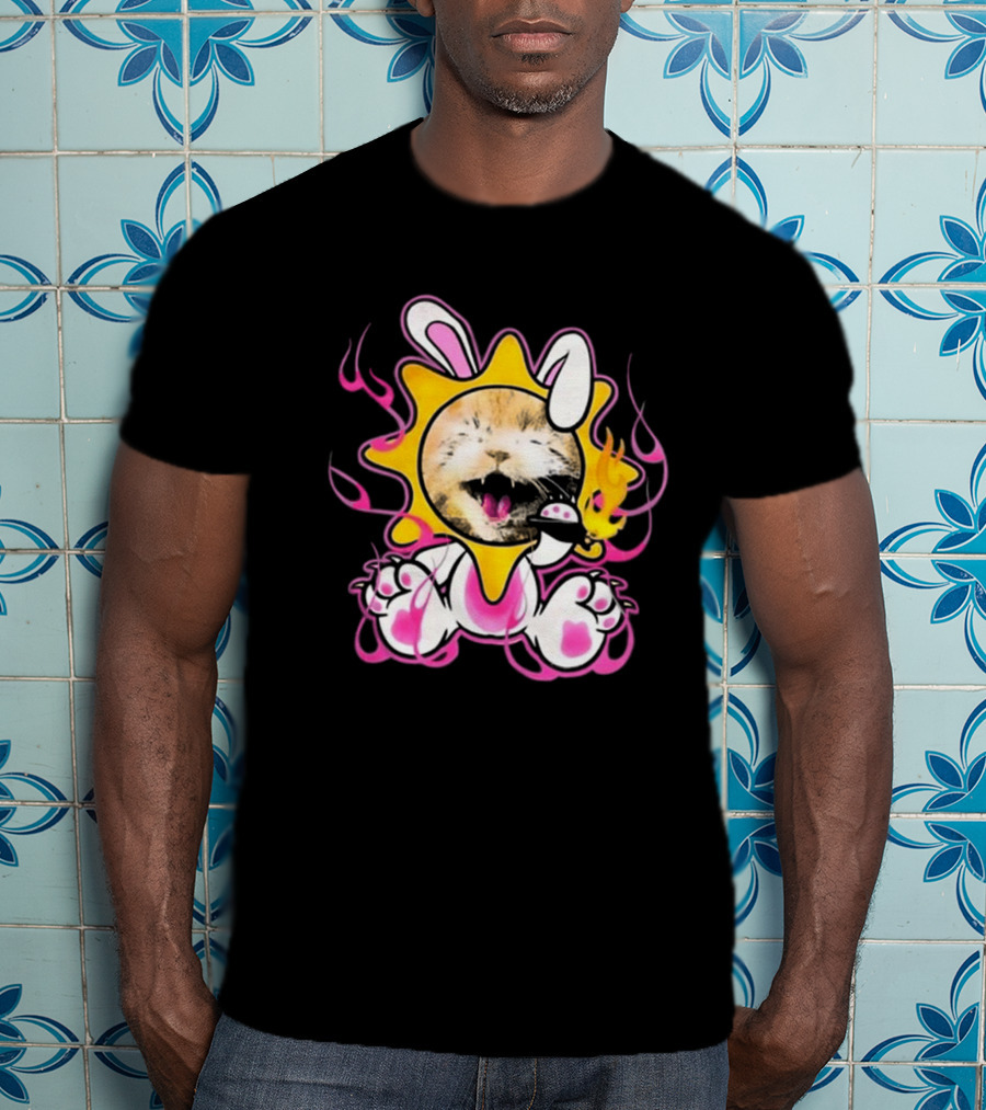 Praiseche Cat Sunburst Bunny Ears Pink Flames T-Shirt