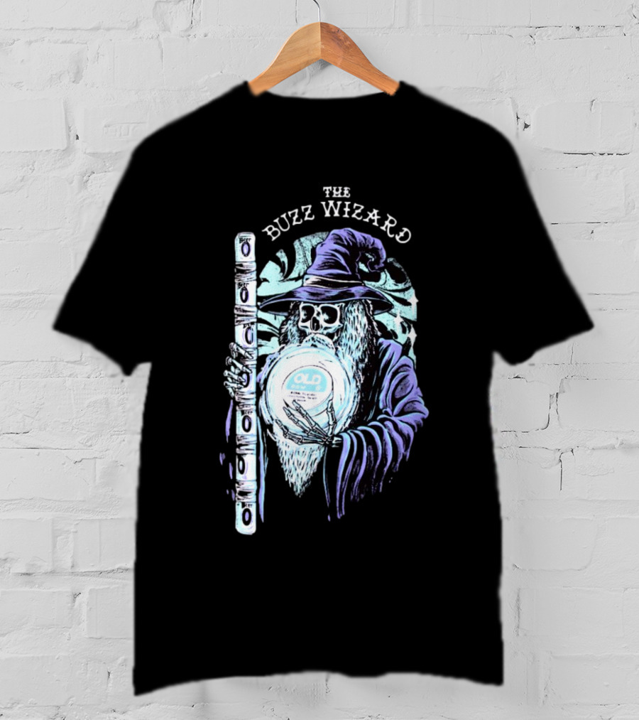 The Buzz Wizard Holding Old Row Branded Magic Orb And Staff T-Shirt