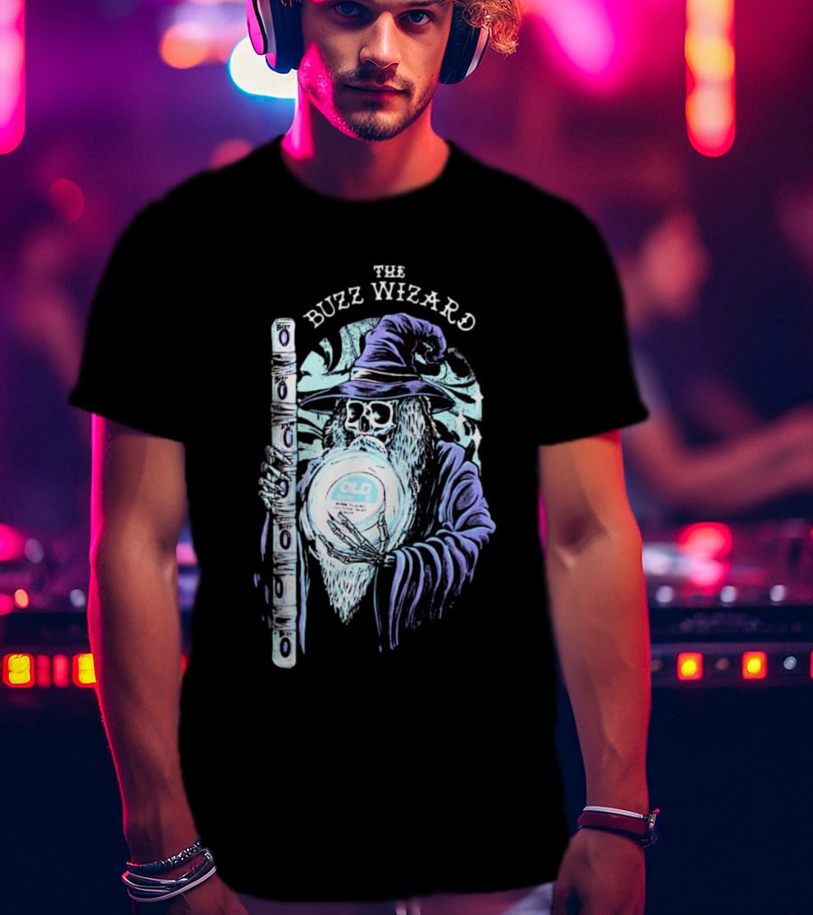 The Buzz Wizard Holding Old Row Branded Magic Orb And Staff T-Shirt
