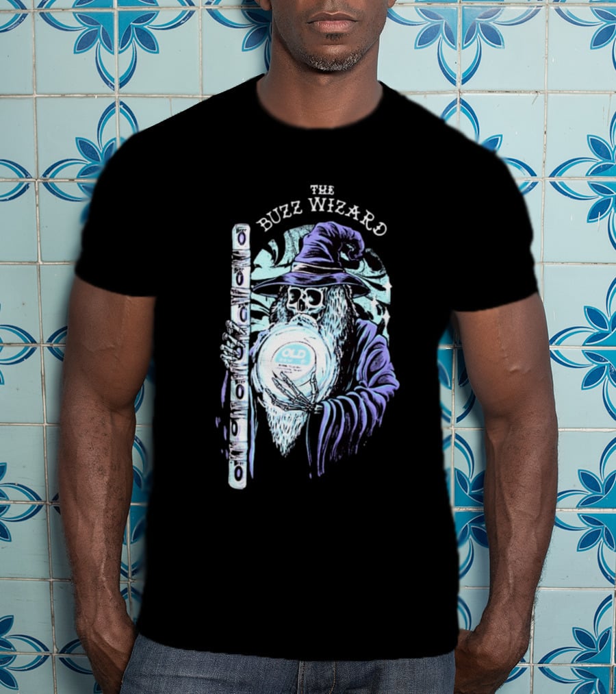 The Buzz Wizard Holding Old Row Branded Magic Orb And Staff T-Shirt