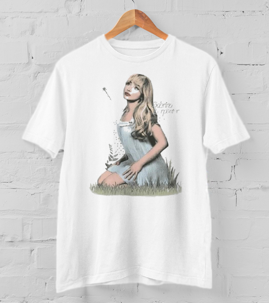 Sabrina Carpenter Sitting In Grass With Sparkle Wand And Flowing Hair T-Shirt