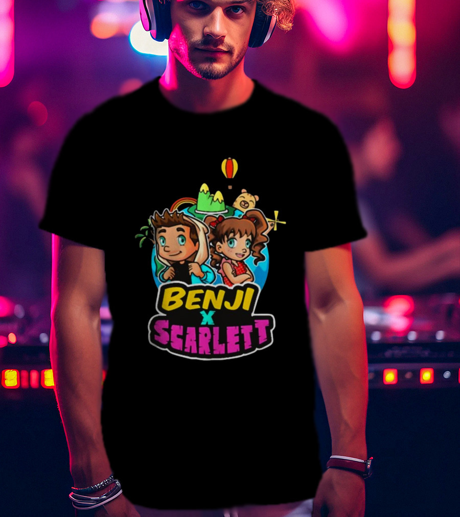 Benji X Scarlett Adventure Cartoon Style Balloon Island Teddy Bear T-Shirt