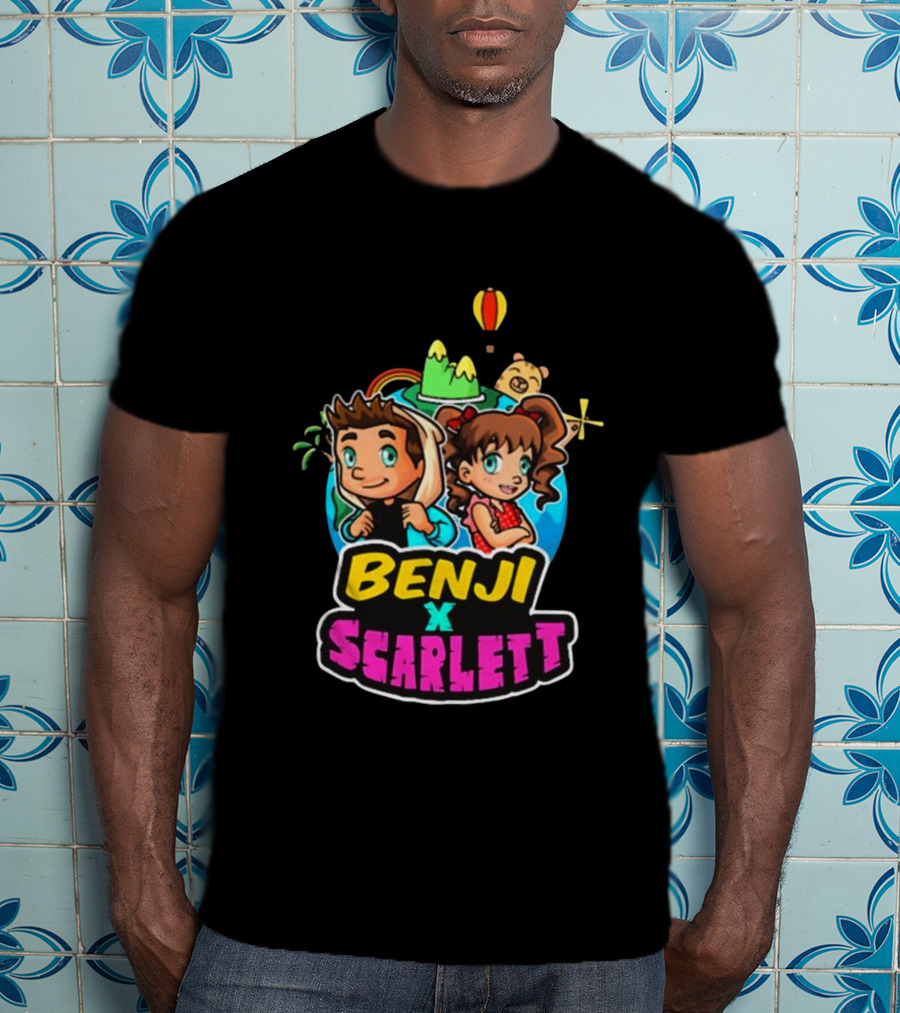 Benji X Scarlett Adventure Cartoon Style Balloon Island Teddy Bear T-Shirt
