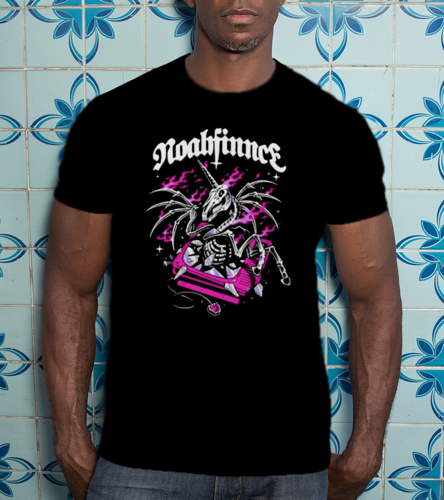 Noahfinnce Skeleton Unicorn Riding Pink Car With Wings And Flames T-Shirt