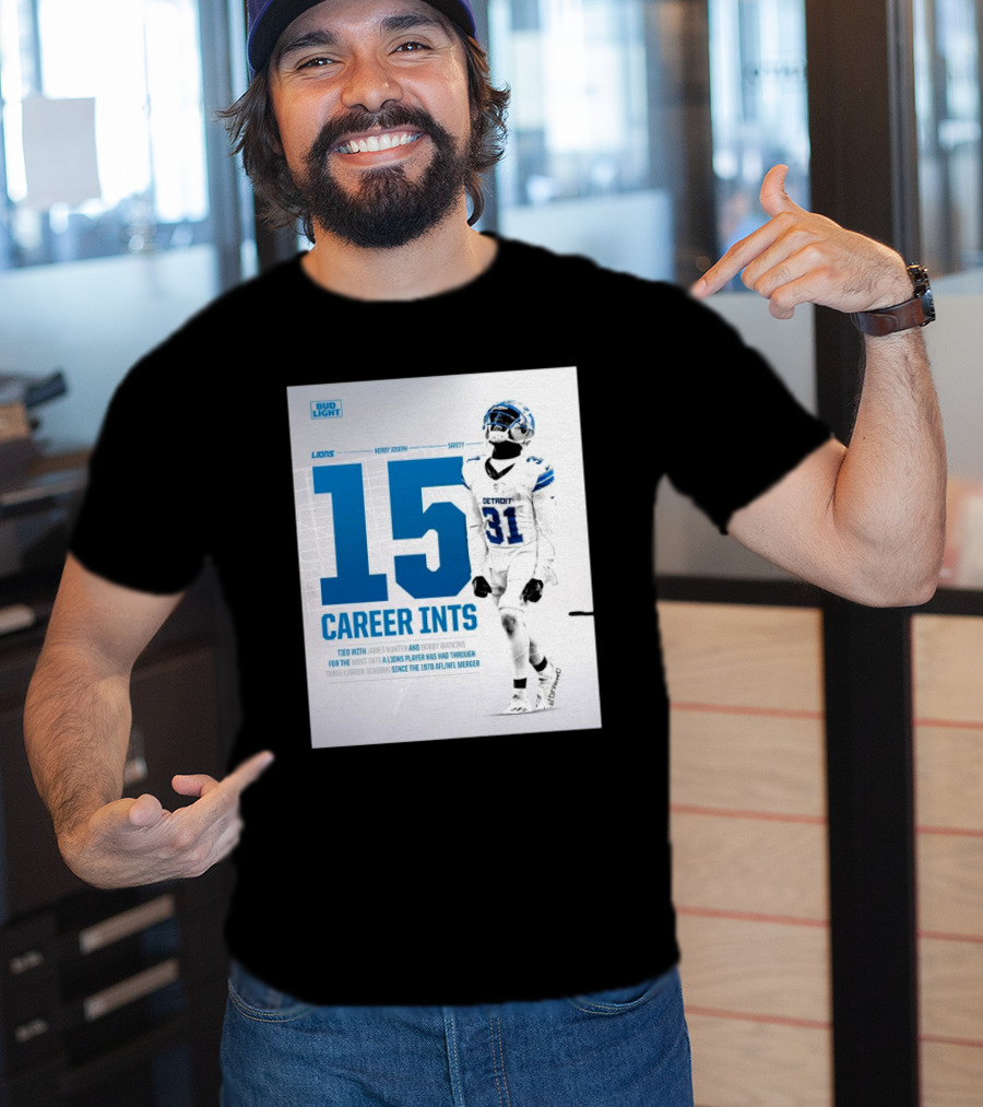 Detroit Lions Kerby Joseph 15 Career INTs Tied With James Hunter And Bobby Watkins Most INTs Since 1970 AFL-NFL Merger T-Shirt