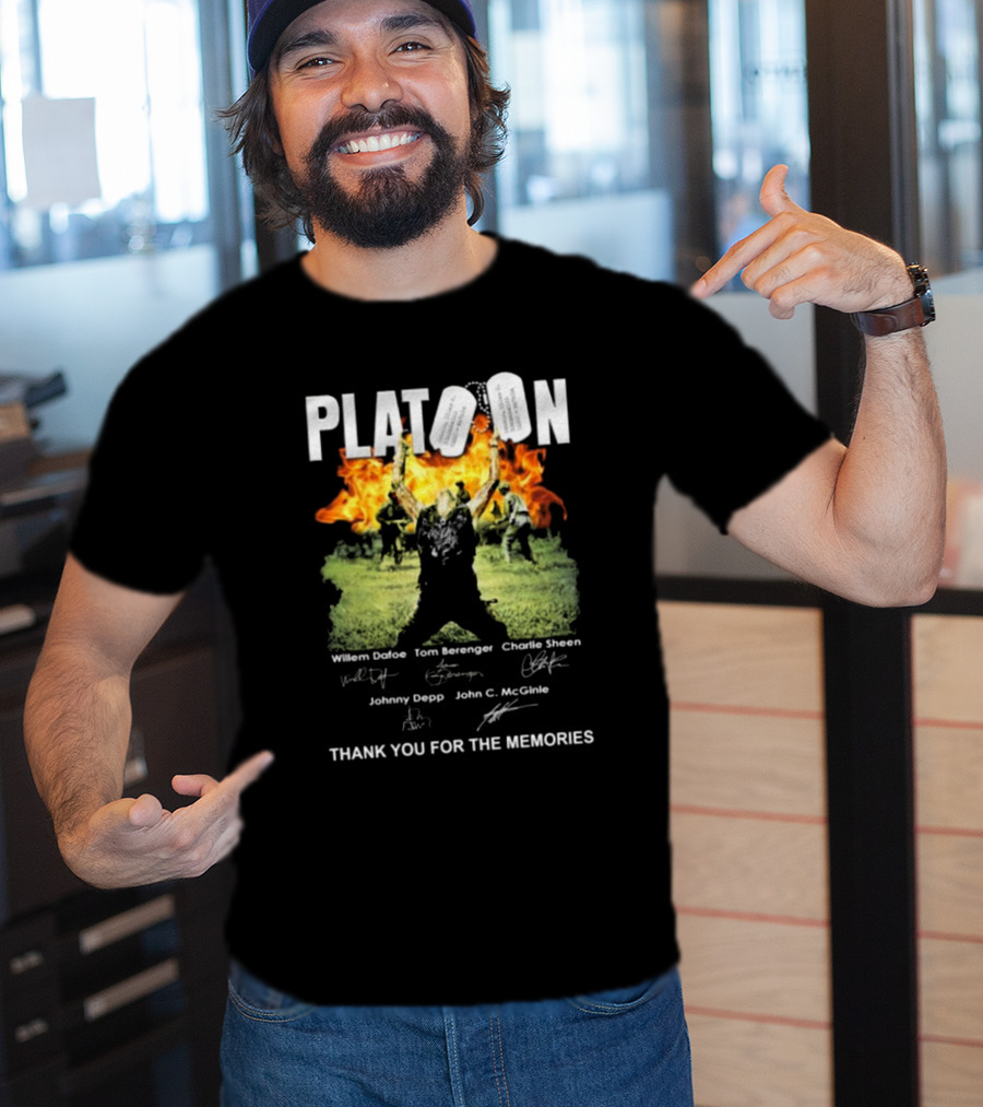 Platoon Thank You For The Memories Signatures Willem Dafoe Tom Berenger Charlie Sheen Johnny Depp John C. McGinley T-Shirt