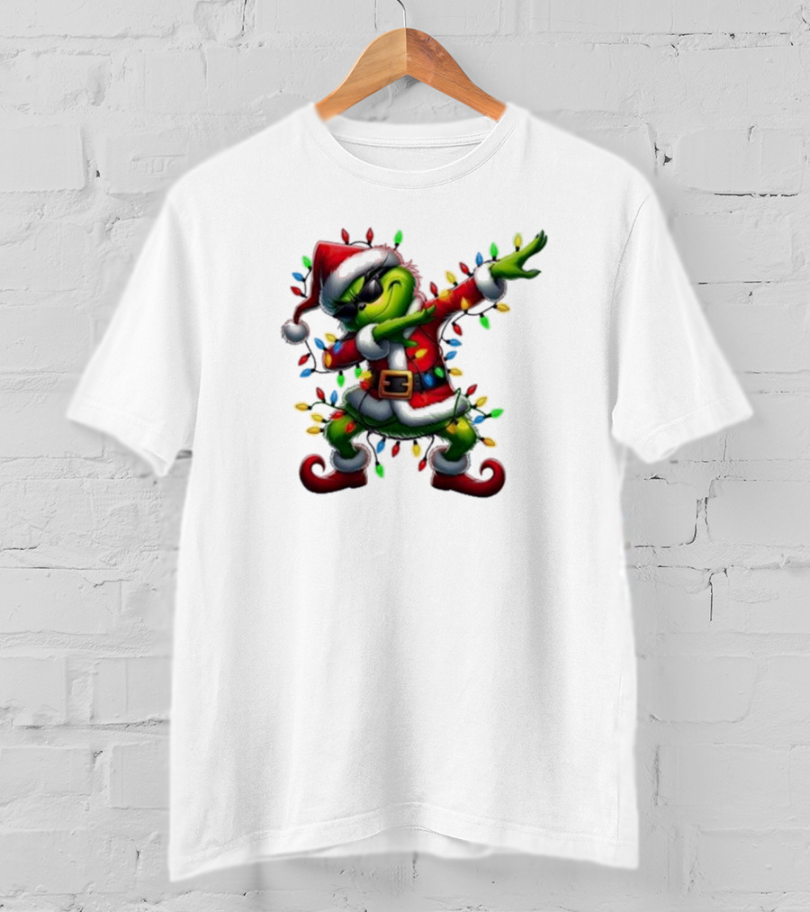 Santa Grinch Dabbing Festive Lights Merry Christmas T-Shirt