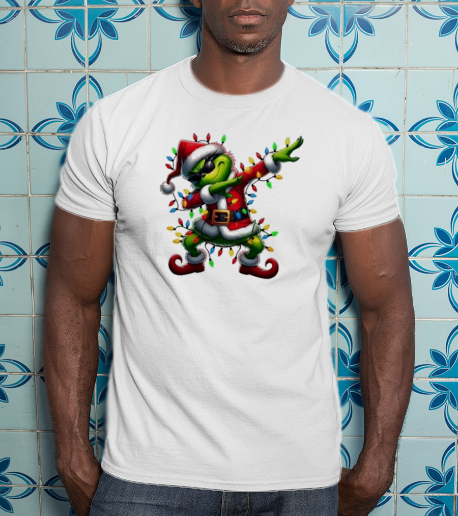 Santa Grinch Dabbing Festive Lights Merry Christmas T-Shirt