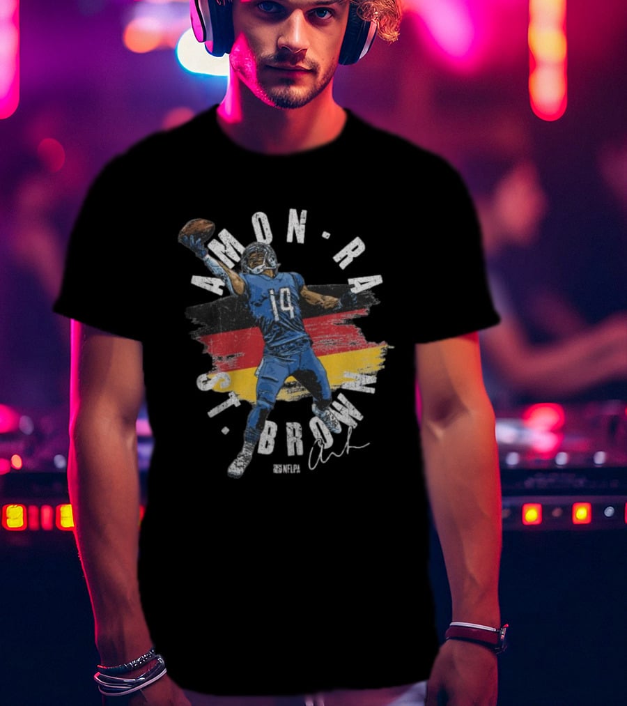 Amon-Ra St. Brown Detroit Lions NFLPA Germany Flag Signature 14 T-Shirt