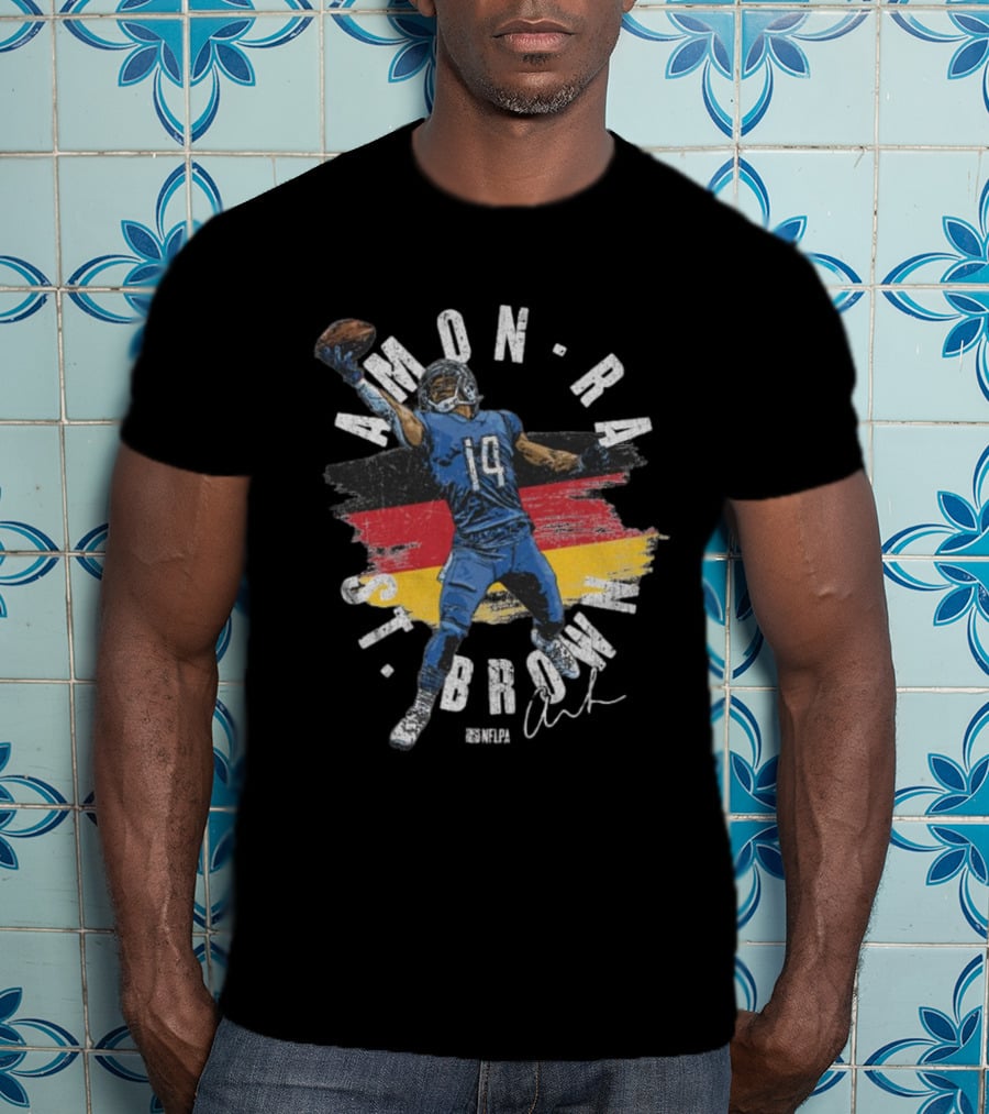 Amon-Ra St. Brown Detroit Lions NFLPA Germany Flag Signature 14 T-Shirt