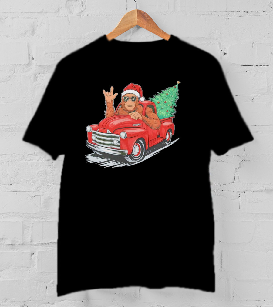 Bigfoot Rock On Santa Hat Christmas Tree Driving Red Truck T-Shirt