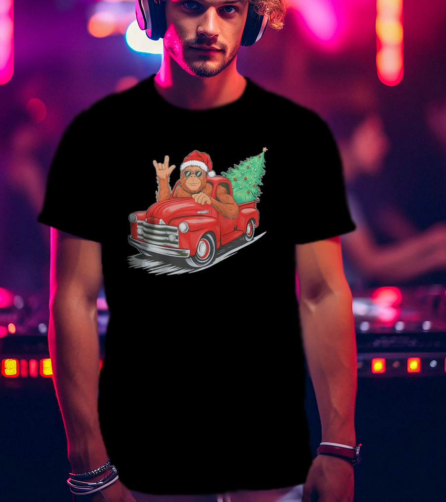 Bigfoot Rock On Santa Hat Christmas Tree Driving Red Truck T-Shirt