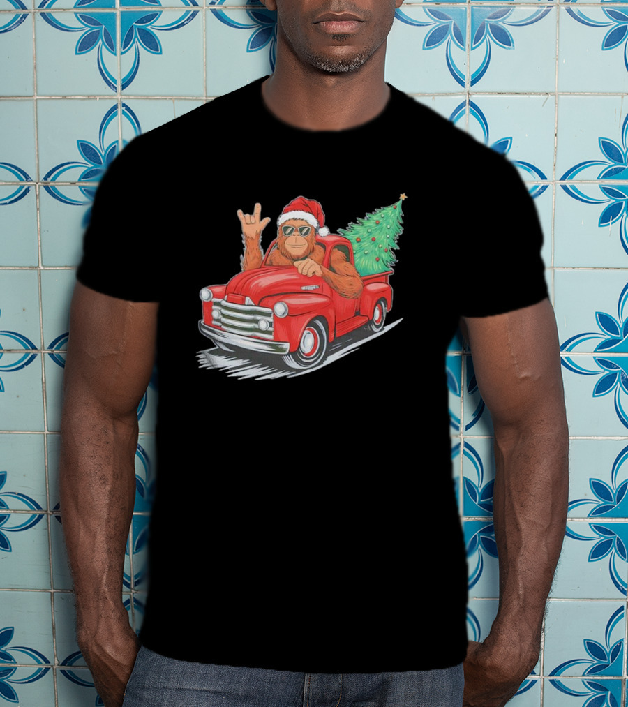 Bigfoot Rock On Santa Hat Christmas Tree Driving Red Truck T-Shirt