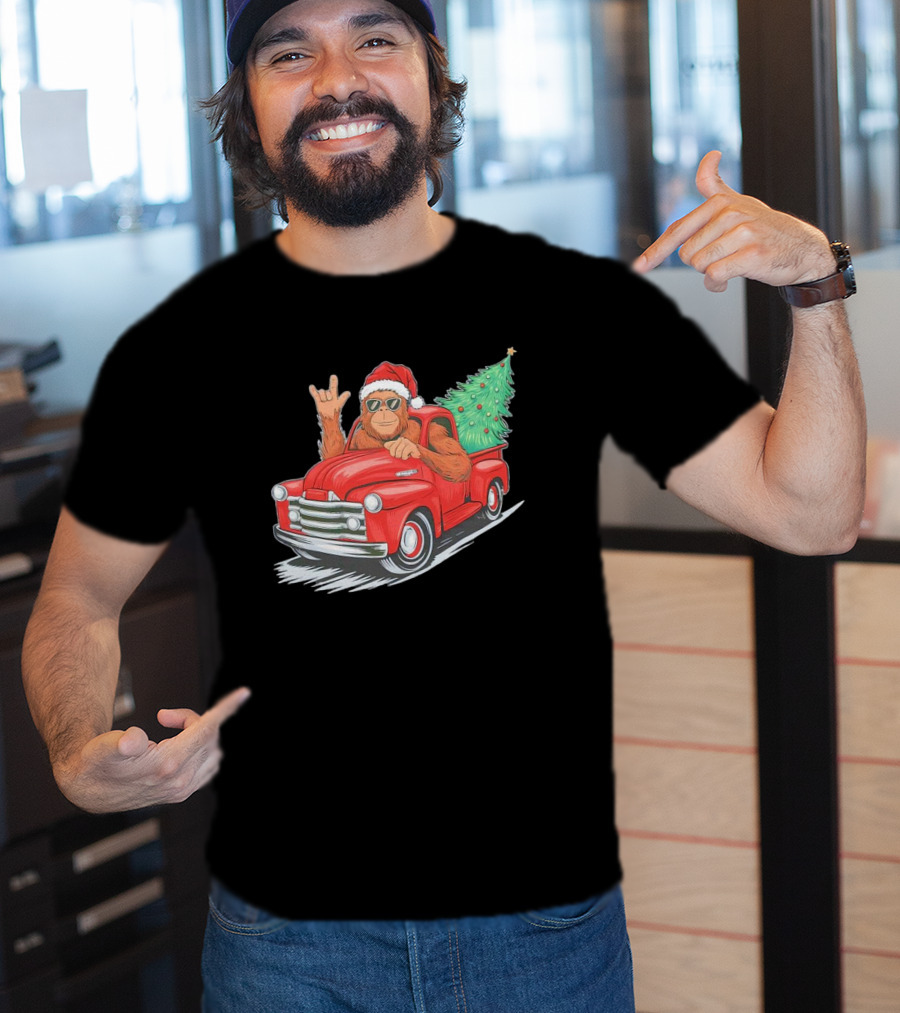Bigfoot Rock On Santa Hat Christmas Tree Driving Red Truck T-Shirt