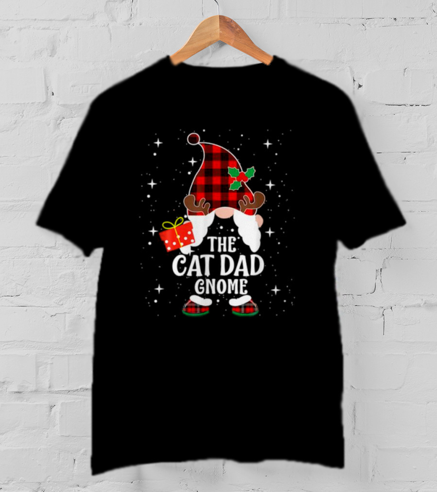 The Cat Dad Gnome Buffalo Plaid Christmas Pajama Matching Family T-Shirt