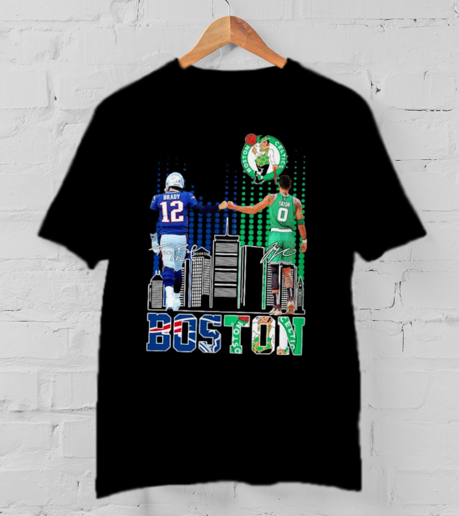 Boston Patriots And Celtics Skyline Featuring Tom Brady And Jayson Tatum Signatures T-Shirt