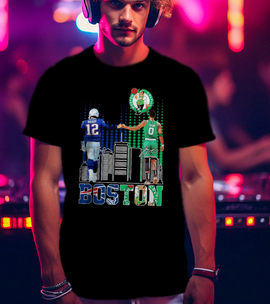 Boston Patriots And Celtics Skyline Featuring Tom Brady And Jayson Tatum Signatures T-Shirt