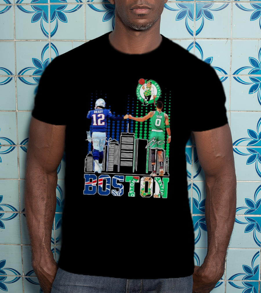 Boston Patriots And Celtics Skyline Featuring Tom Brady And Jayson Tatum Signatures T-Shirt